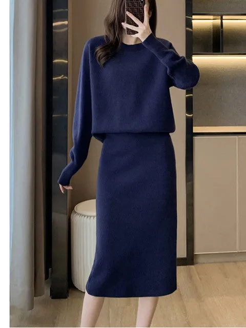 Autumn Winter Women's Knitted Skirt Suits 2-Piece Sets