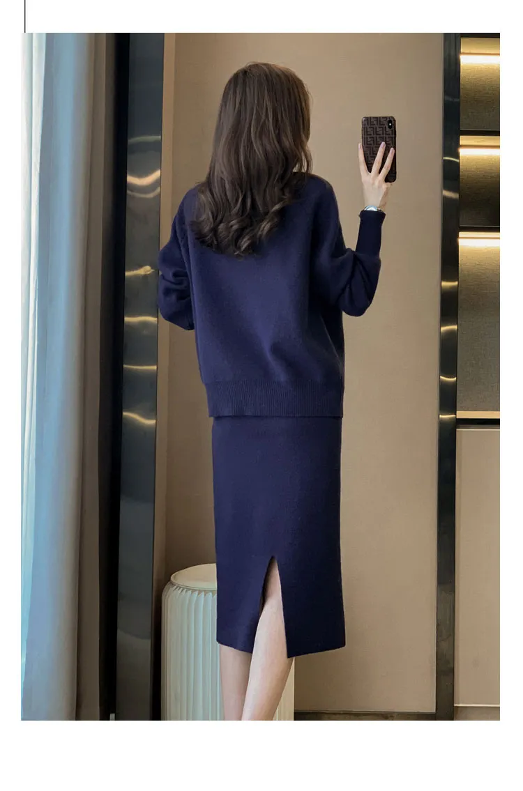 Autumn Winter Women's Knitted Skirt Suits 2-Piece Sets