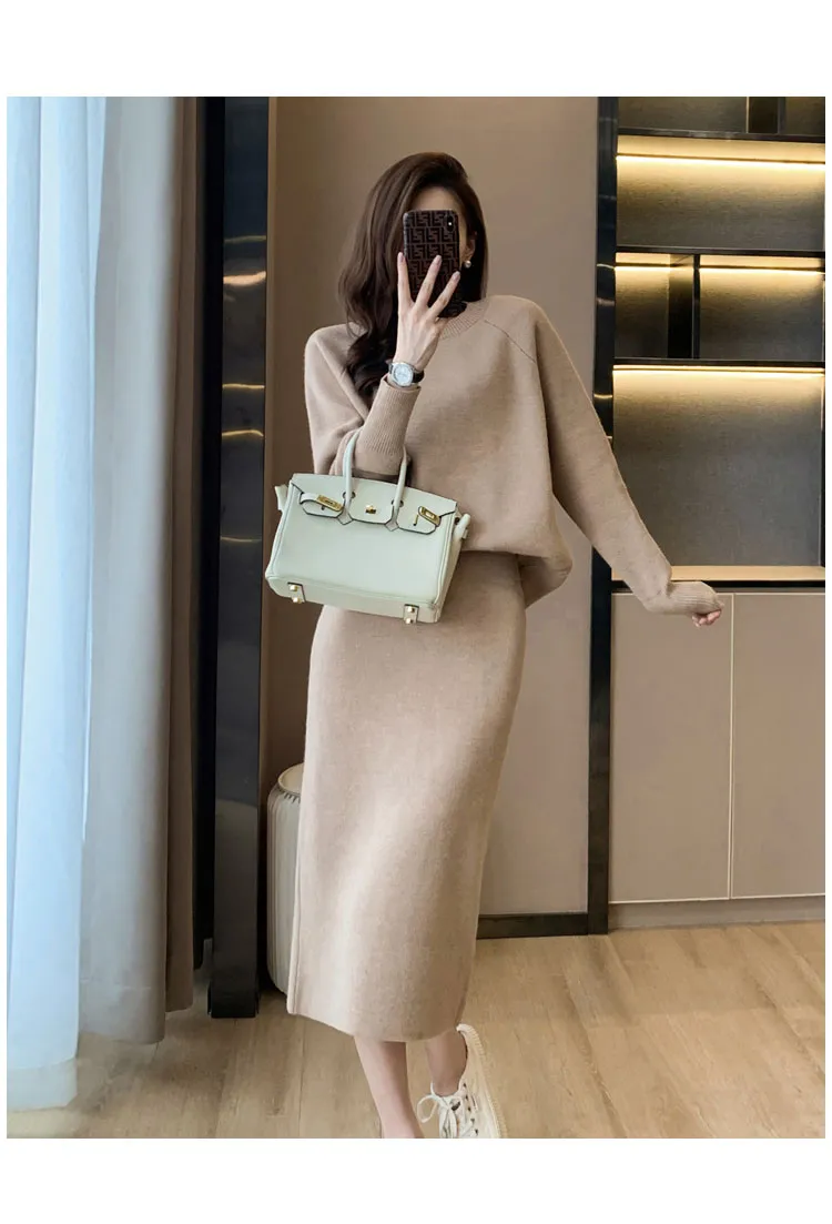 Autumn Winter Women's Knitted Skirt Suits 2-Piece Sets