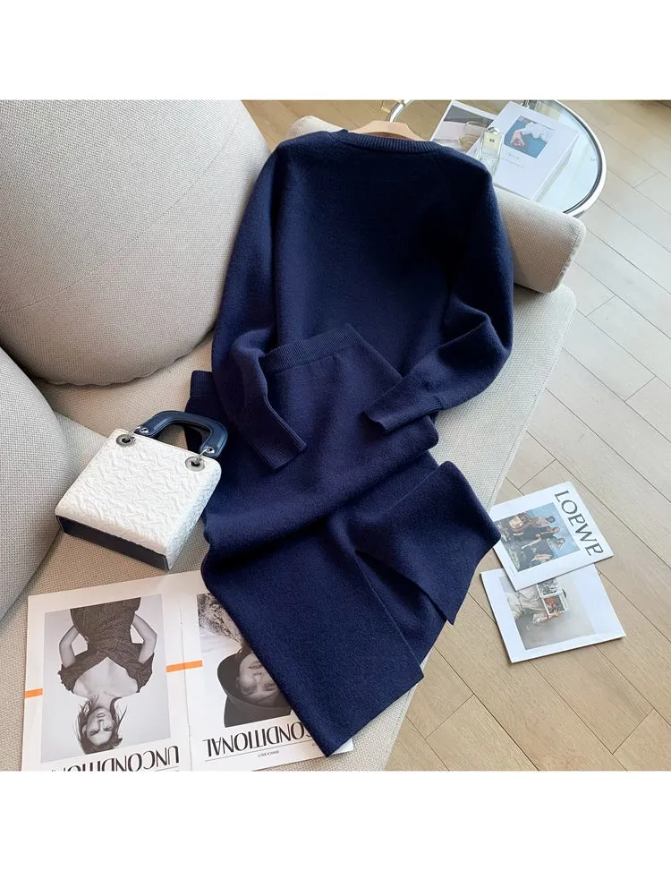 Autumn Winter Women's Knitted Skirt Suits 2-Piece Sets