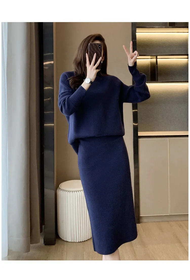 Autumn Winter Women's Knitted Skirt Suits 2-Piece Sets