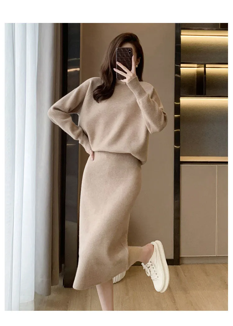 Autumn Winter Women's Knitted Skirt Suits 2-Piece Sets
