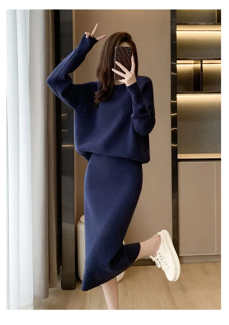 Autumn Winter Women's Knitted Skirt Suits 2-Piece Sets