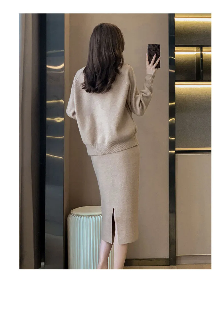 Autumn Winter Women's Knitted Skirt Suits 2-Piece Sets