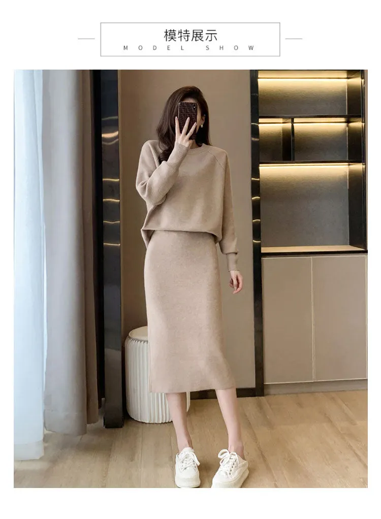 Autumn Winter Women's Knitted Skirt Suits 2-Piece Sets