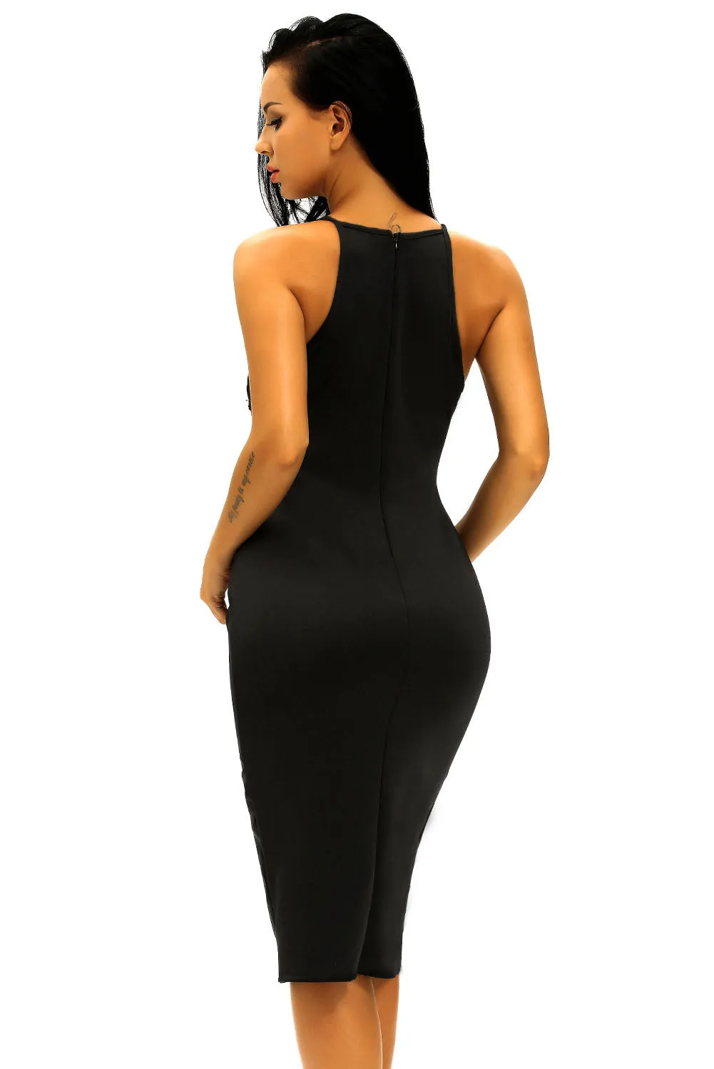Black Embroidered Top Front Slit Party Dress