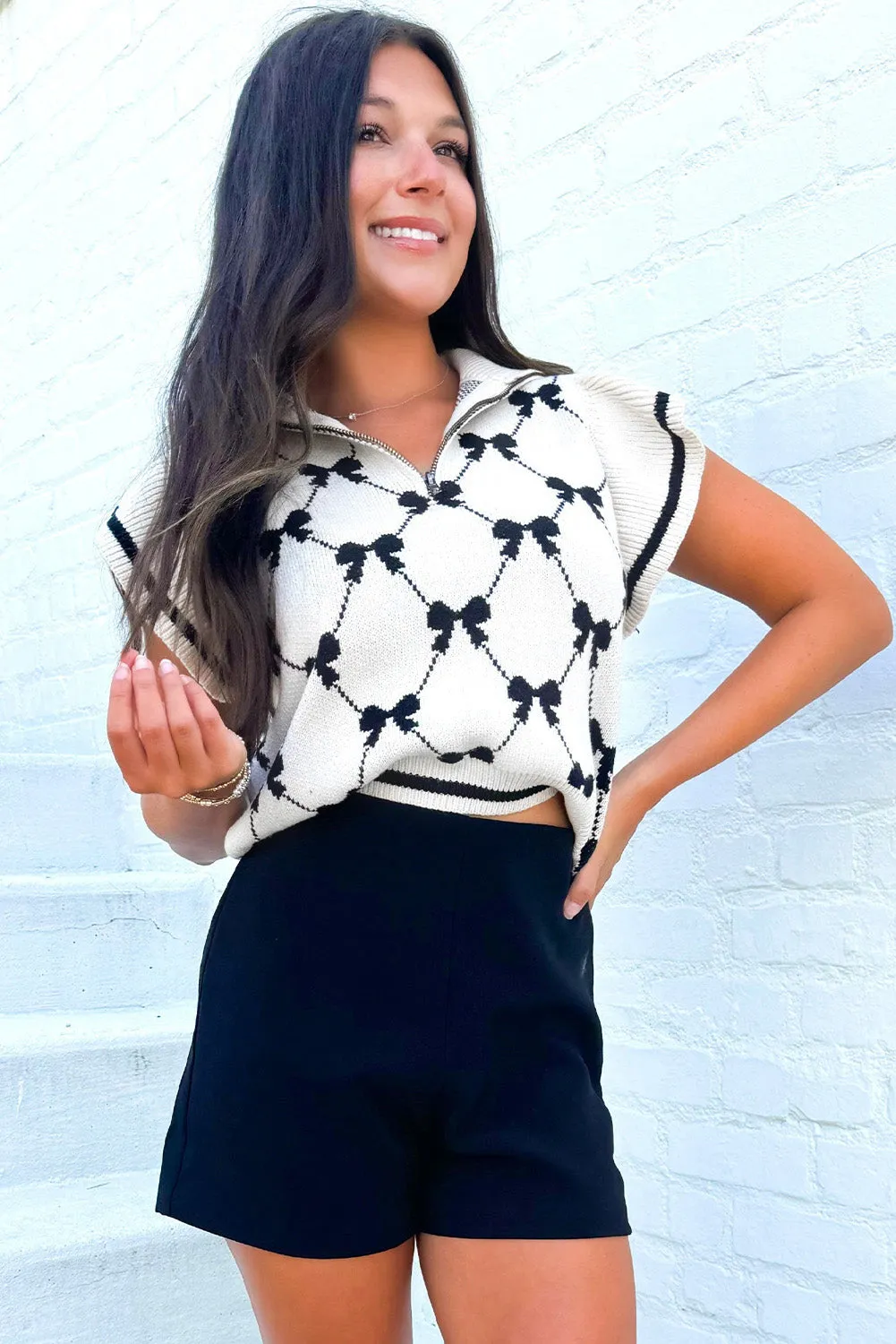 Black Preppy Bow Print Zip Collar Sweater Tee