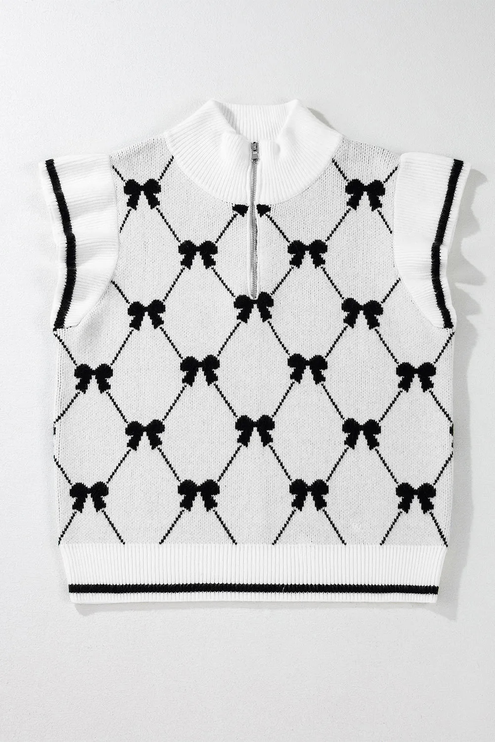 Black Preppy Bow Print Zip Collar Sweater Tee