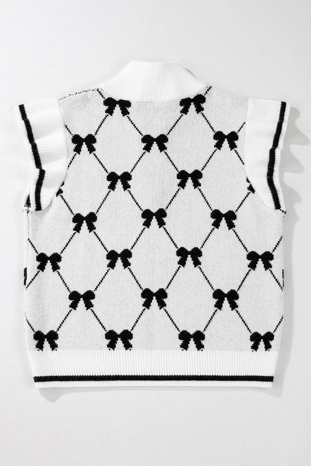 Black Preppy Bow Print Zip Collar Sweater Tee