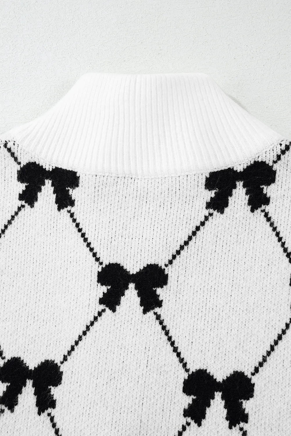 Black Preppy Bow Print Zip Collar Sweater Tee