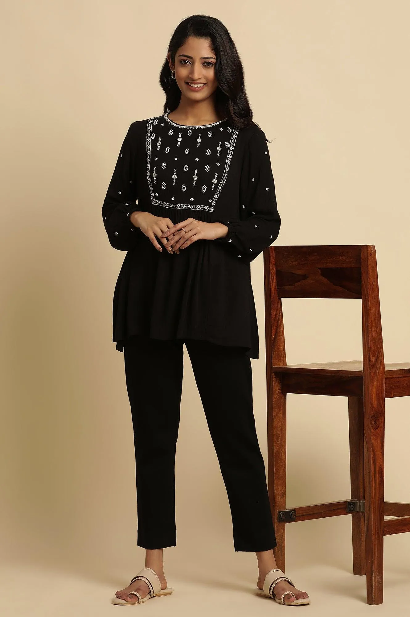 Black Top With Ivory Embroidered Yoke
