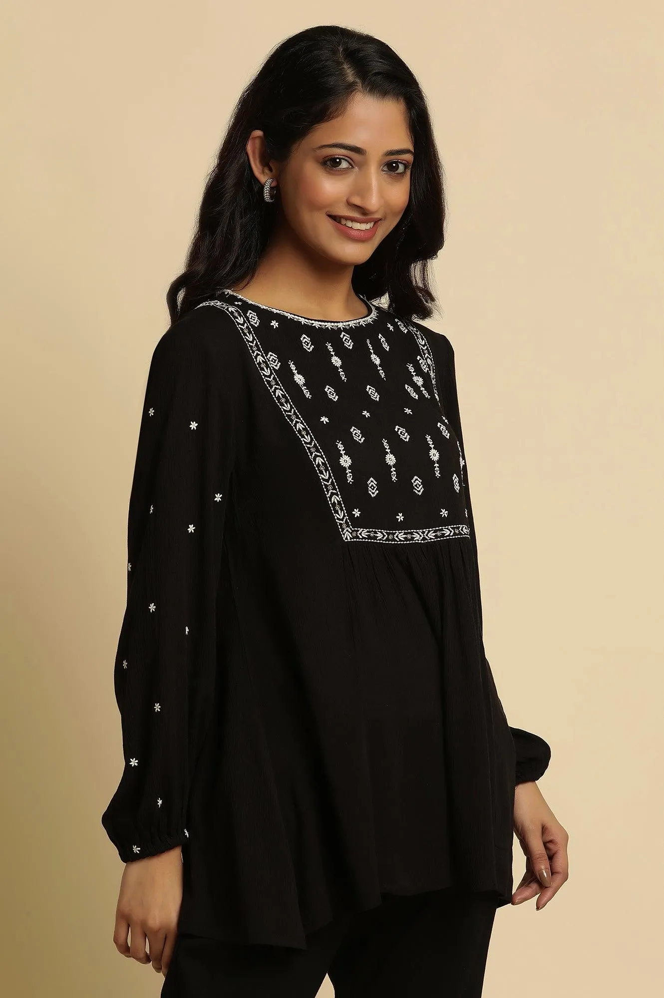 Black Top With Ivory Embroidered Yoke