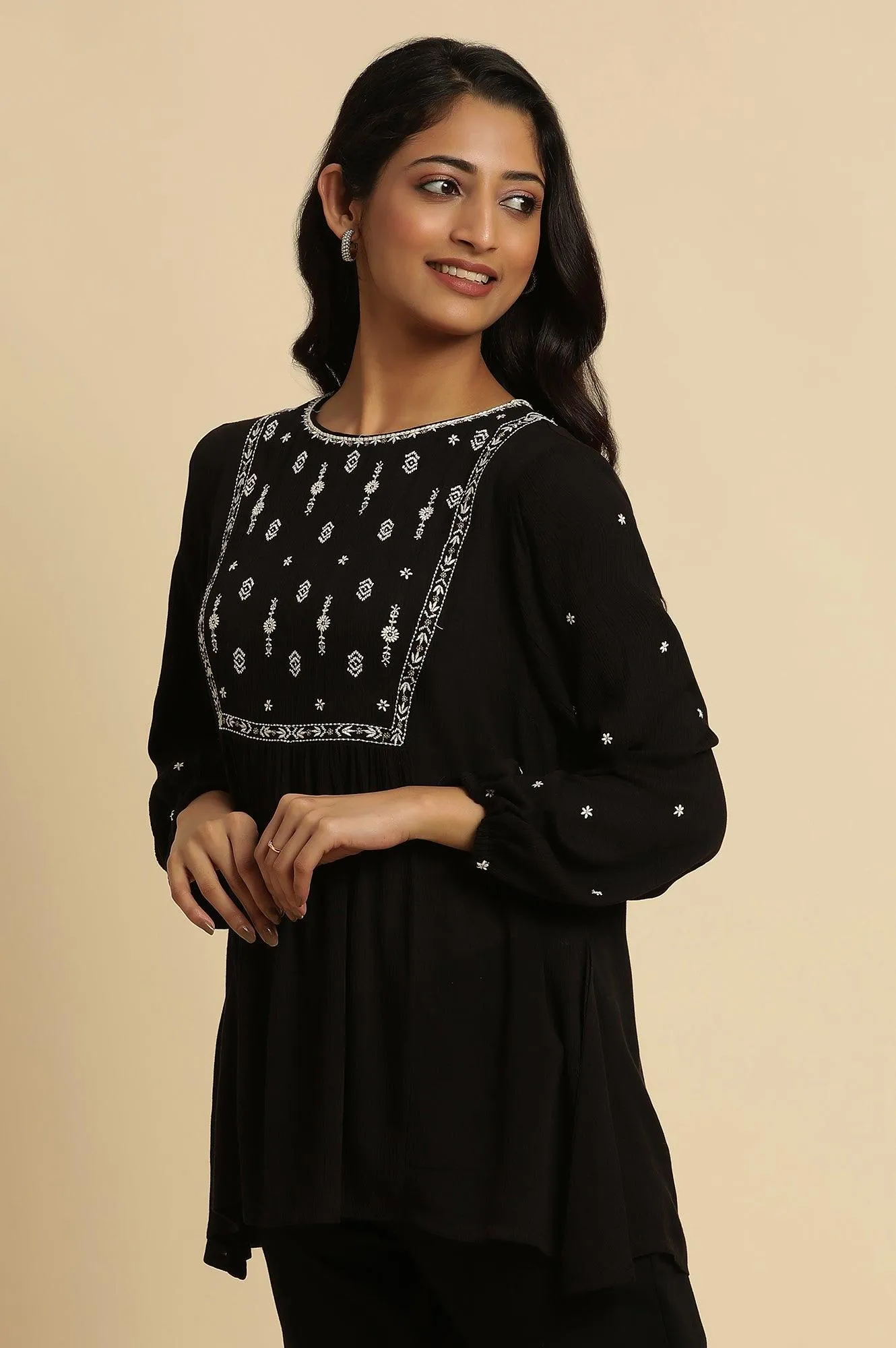 Black Top With Ivory Embroidered Yoke
