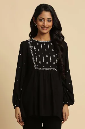 Black Top With Ivory Embroidered Yoke