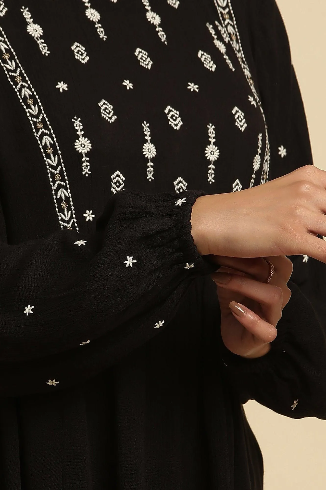 Black Top With Ivory Embroidered Yoke