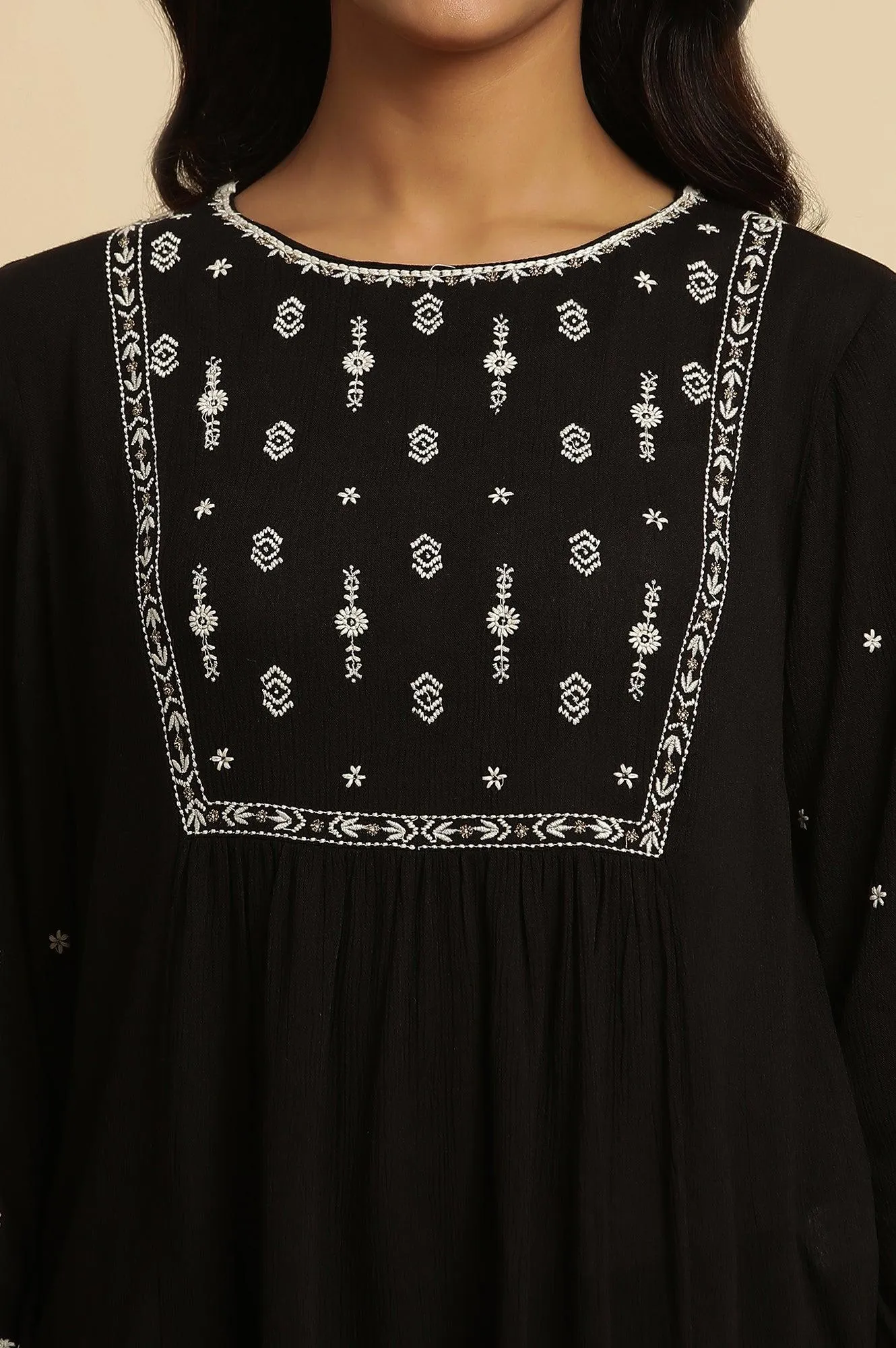 Black Top With Ivory Embroidered Yoke
