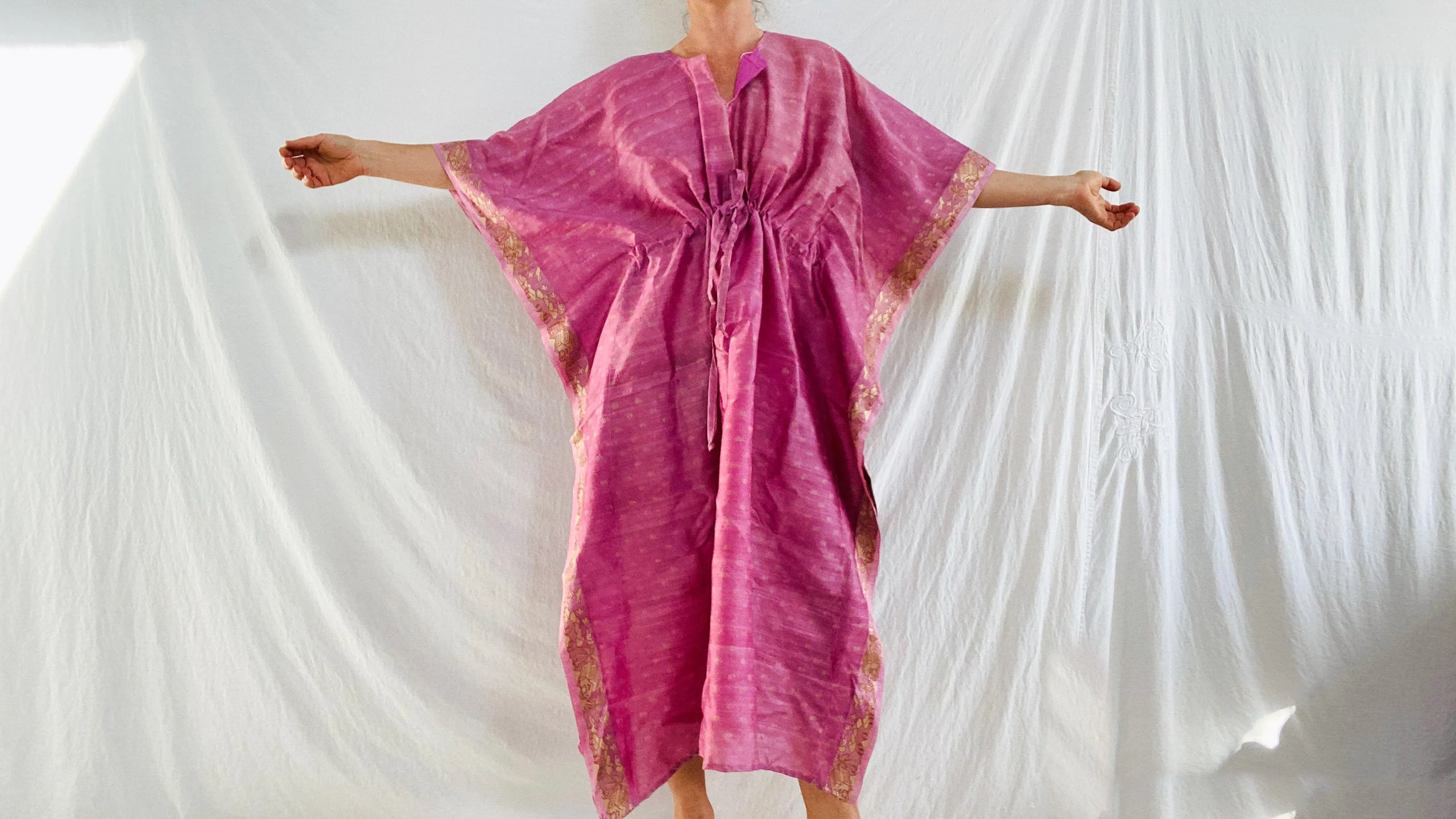 Block Print Silk Kaftan. Repurposed Vintage Silk Sari