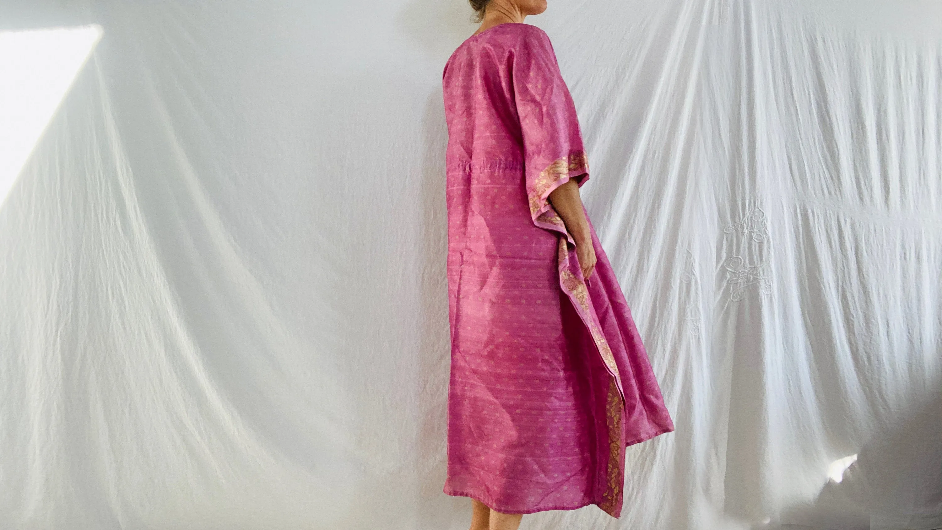 Block Print Silk Kaftan. Repurposed Vintage Silk Sari