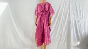 Block Print Silk Kaftan. Repurposed Vintage Silk Sari
