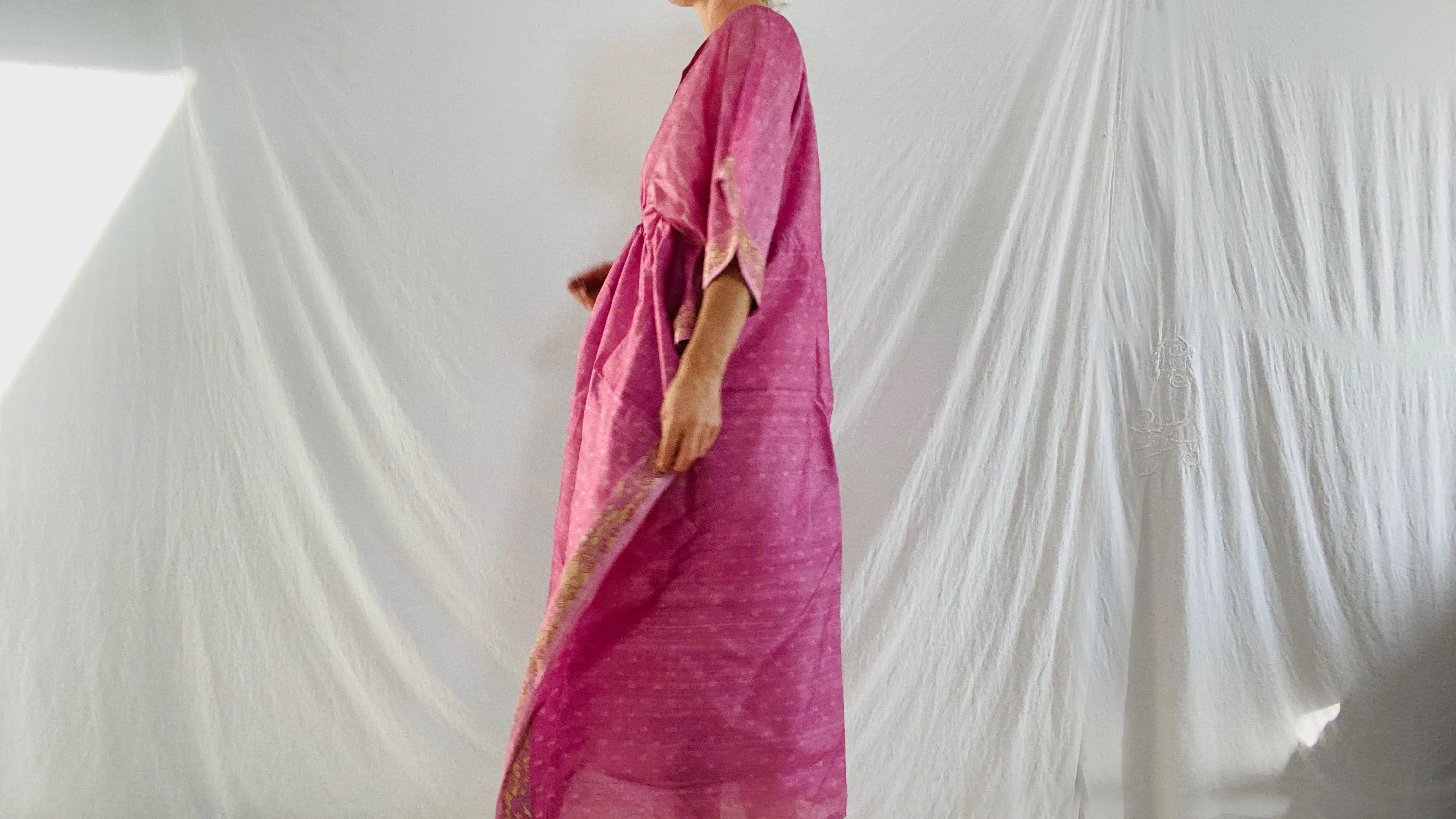 Block Print Silk Kaftan. Repurposed Vintage Silk Sari