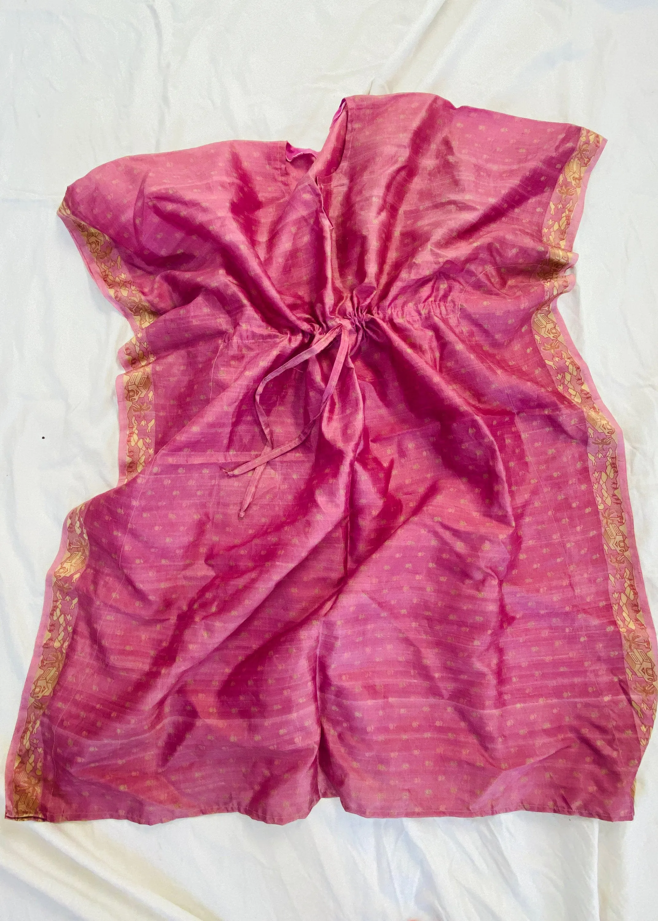 Block Print Silk Kaftan. Repurposed Vintage Silk Sari