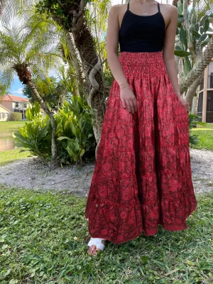 Bohemian Crimson Red Floral  Beach Maxi Skirt Stylish Boho Skirt Dress S/M