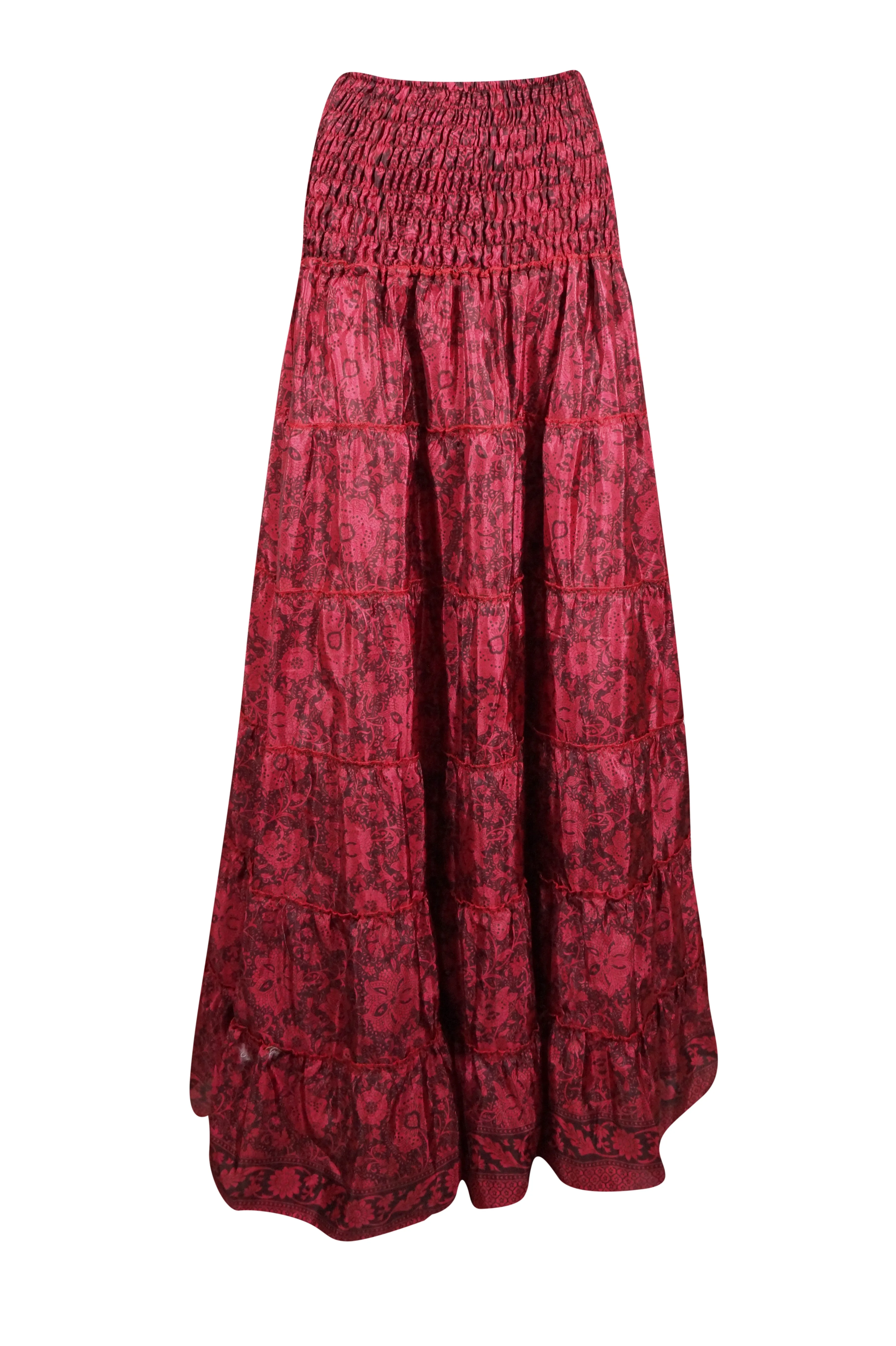 Bohemian Crimson Red Floral  Beach Maxi Skirt Stylish Boho Skirt Dress S/M