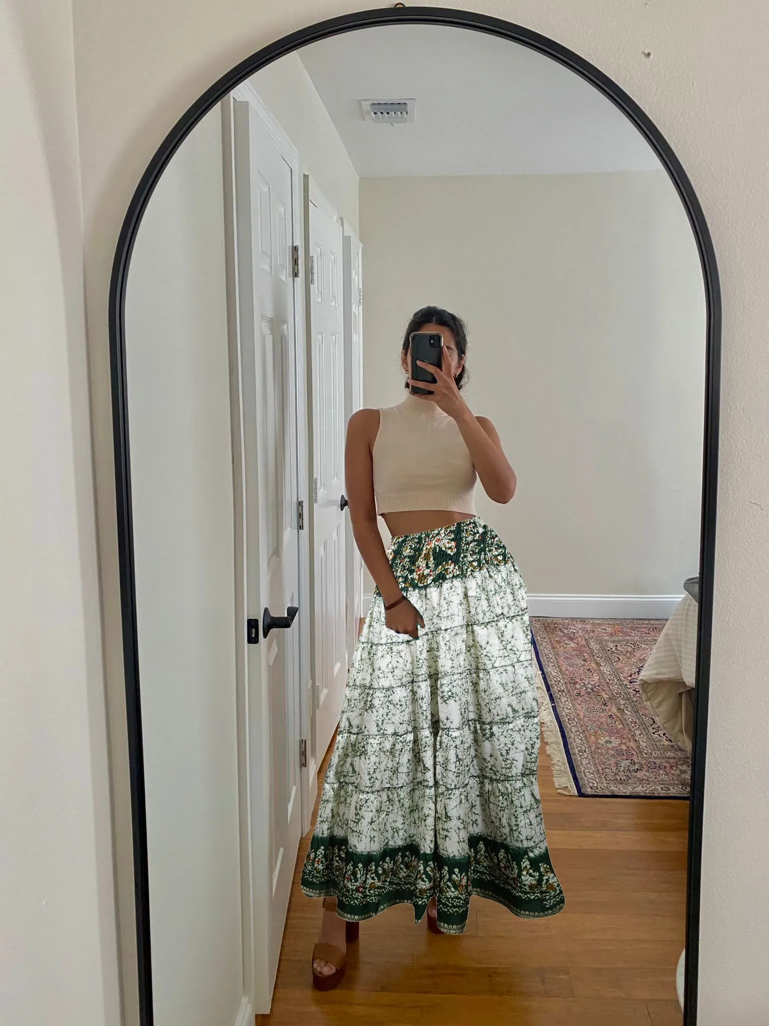 Bohemian Dark Green, White Floral Beach Maxi Skirt Stylish  Boho Skirt Dress S/M