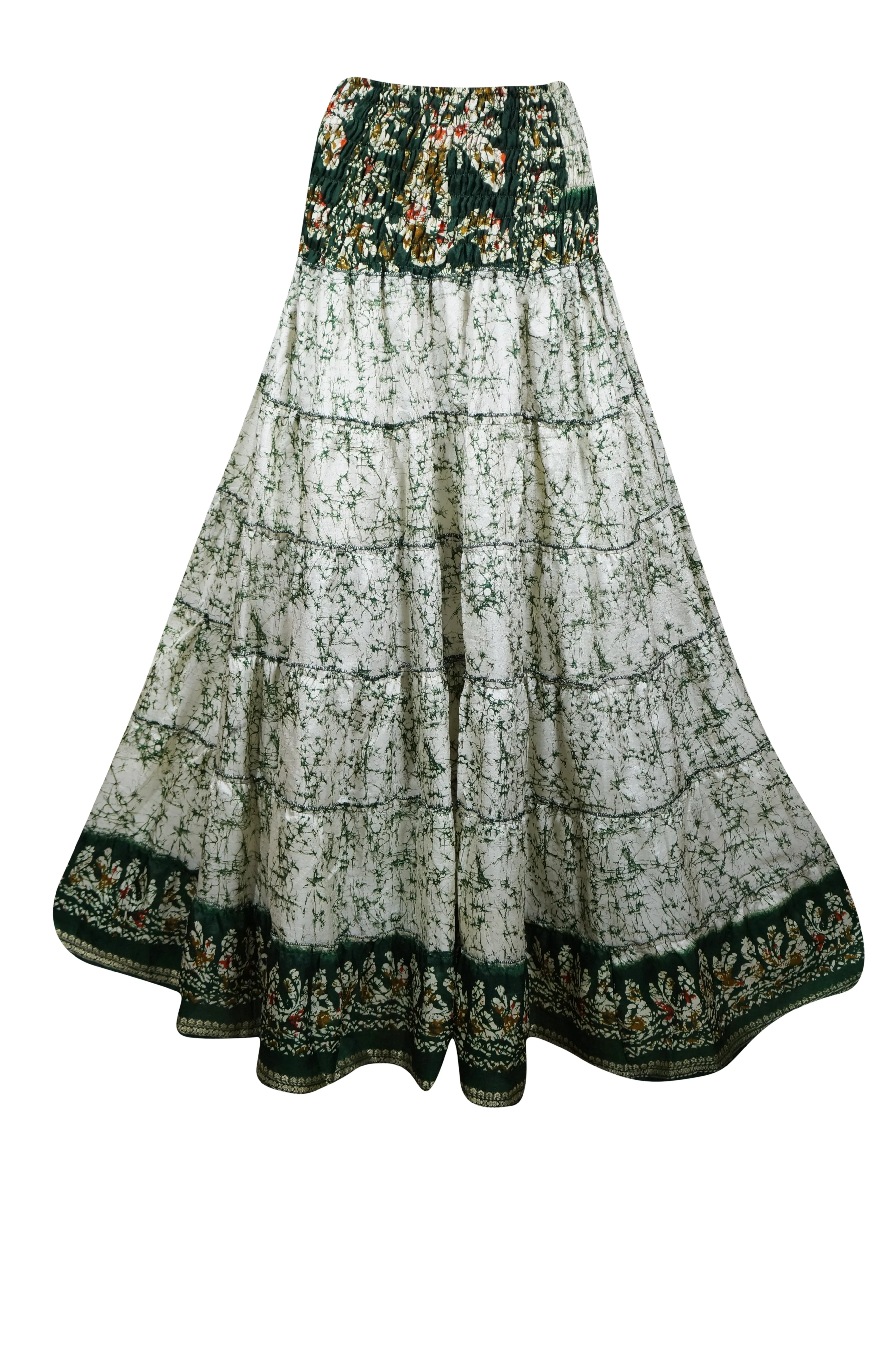 Bohemian Dark Green, White Floral Beach Maxi Skirt Stylish  Boho Skirt Dress S/M