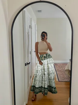 Bohemian Dark Green, White Floral Beach Maxi Skirt Stylish  Boho Skirt Dress S/M