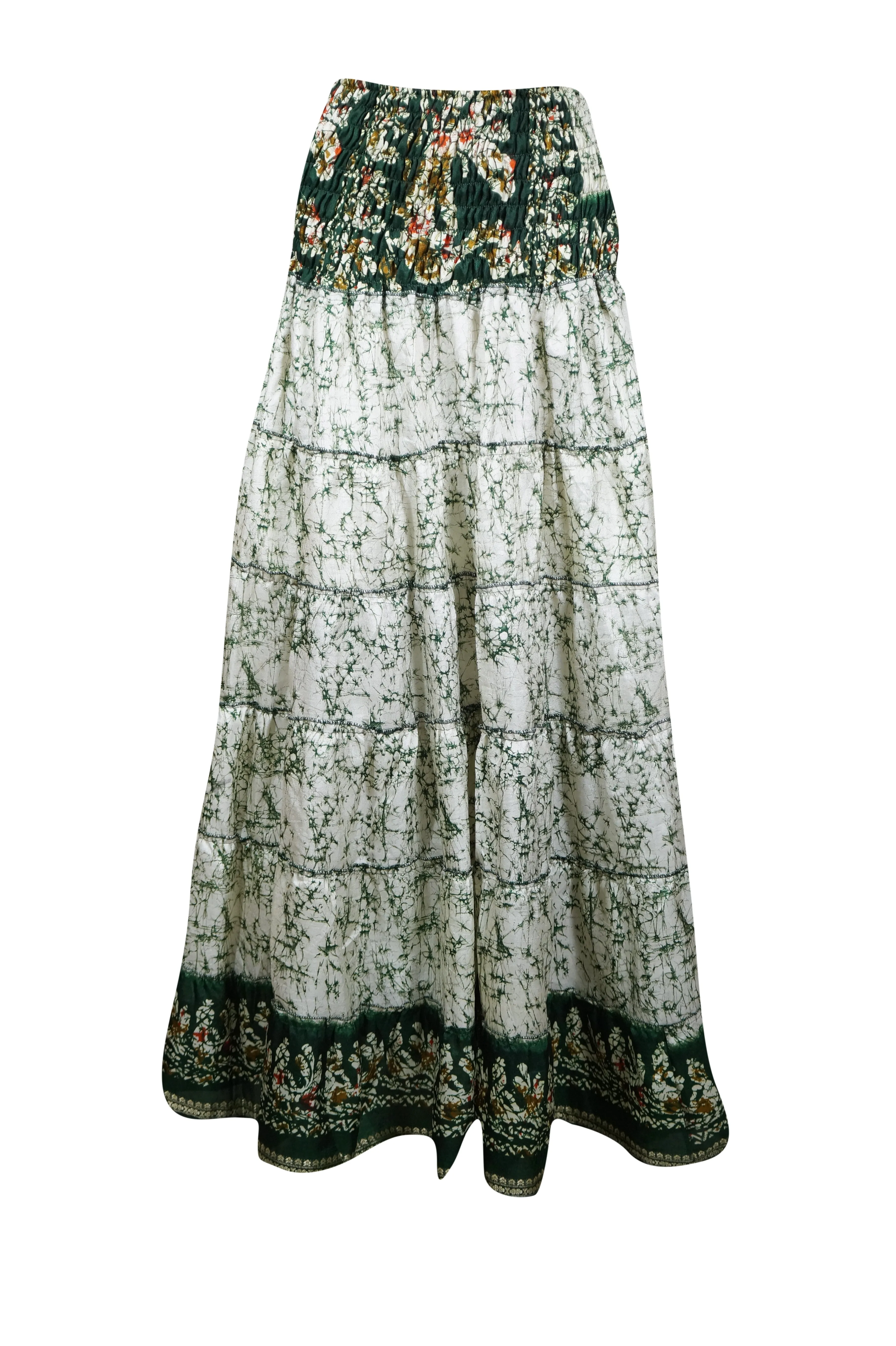 Bohemian Dark Green, White Floral Beach Maxi Skirt Stylish  Boho Skirt Dress S/M