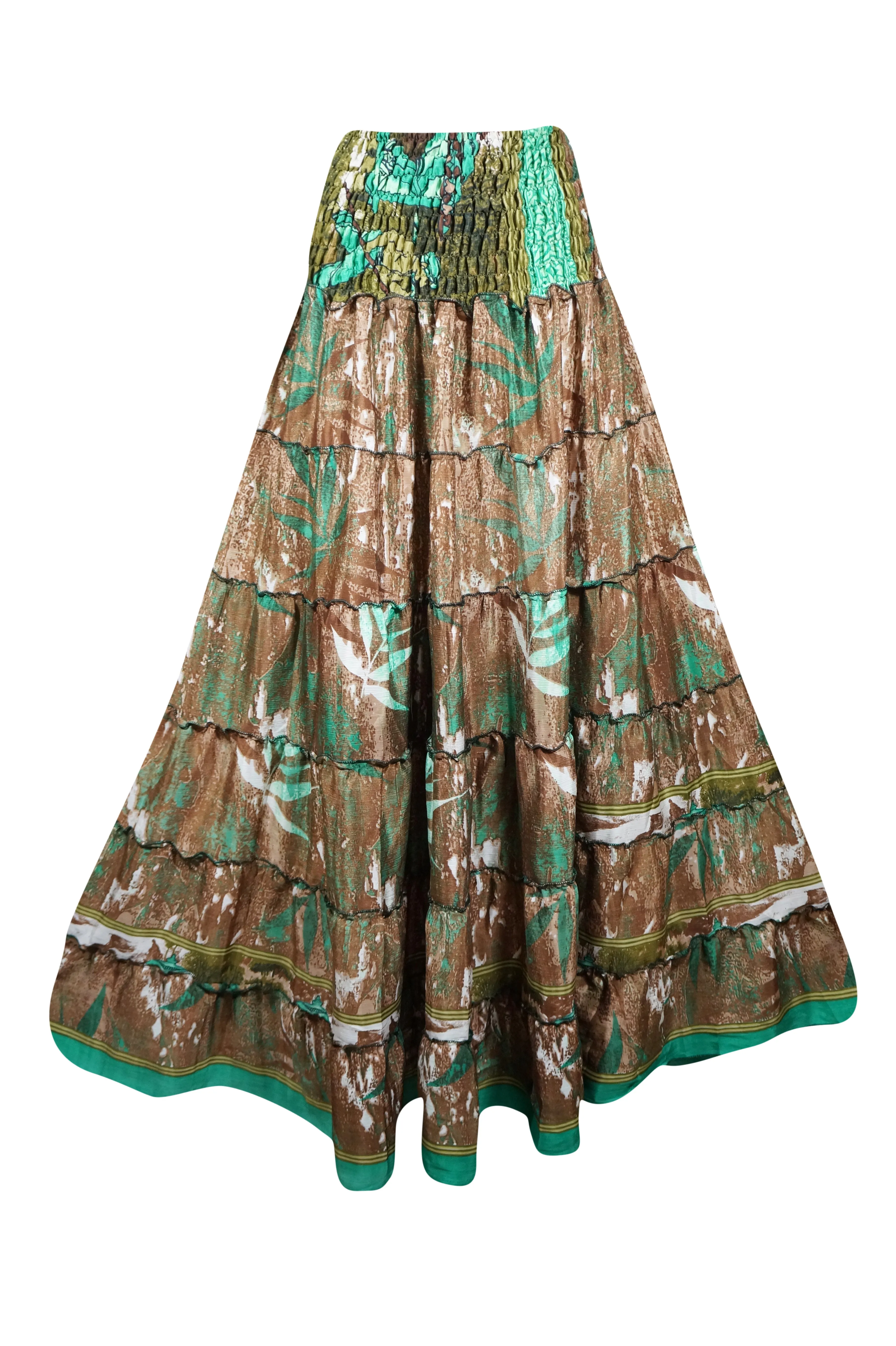 Bohemian Emerald Green, Brown Floral Beach Maxi Skirt Stylish Boho Skirt Dress S/M