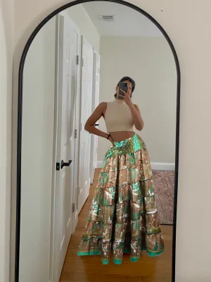 Bohemian Emerald Green, Brown Floral Beach Maxi Skirt Stylish Boho Skirt Dress S/M