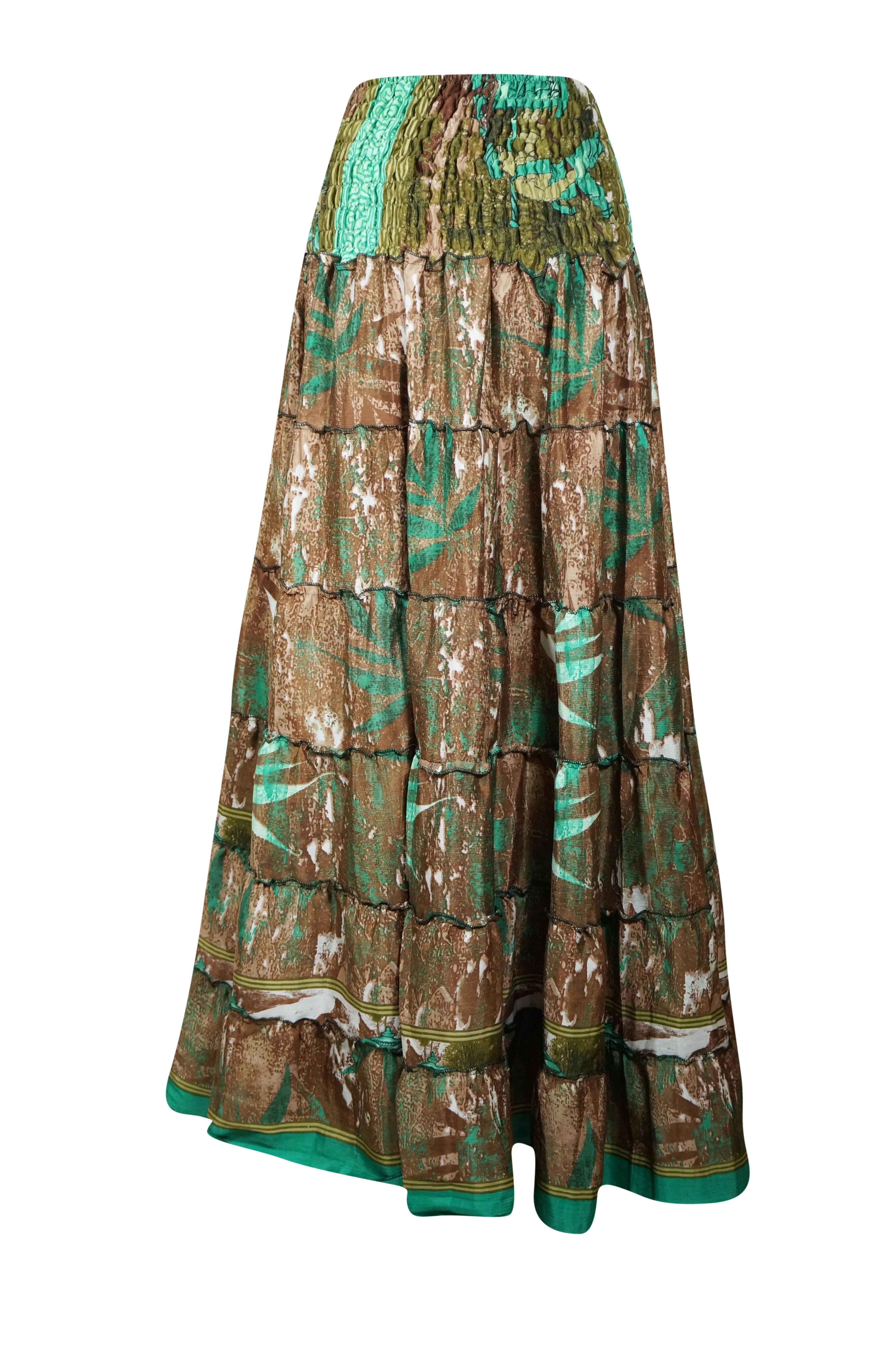 Bohemian Emerald Green, Brown Floral Beach Maxi Skirt Stylish Boho Skirt Dress S/M