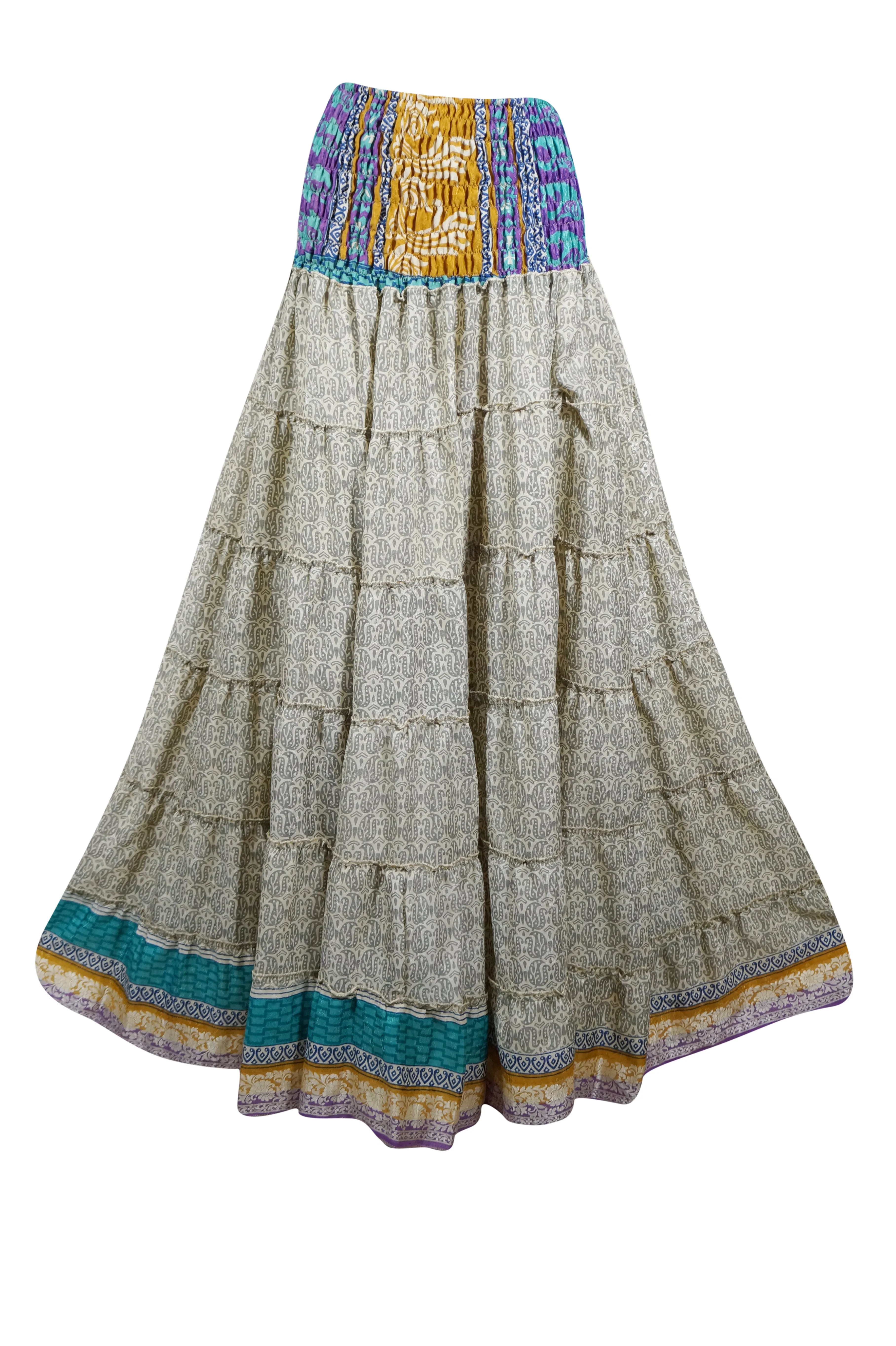 Bohemian Gray Floral Beach Maxi Skirt Stylish Boho Skirt Dress S/M
