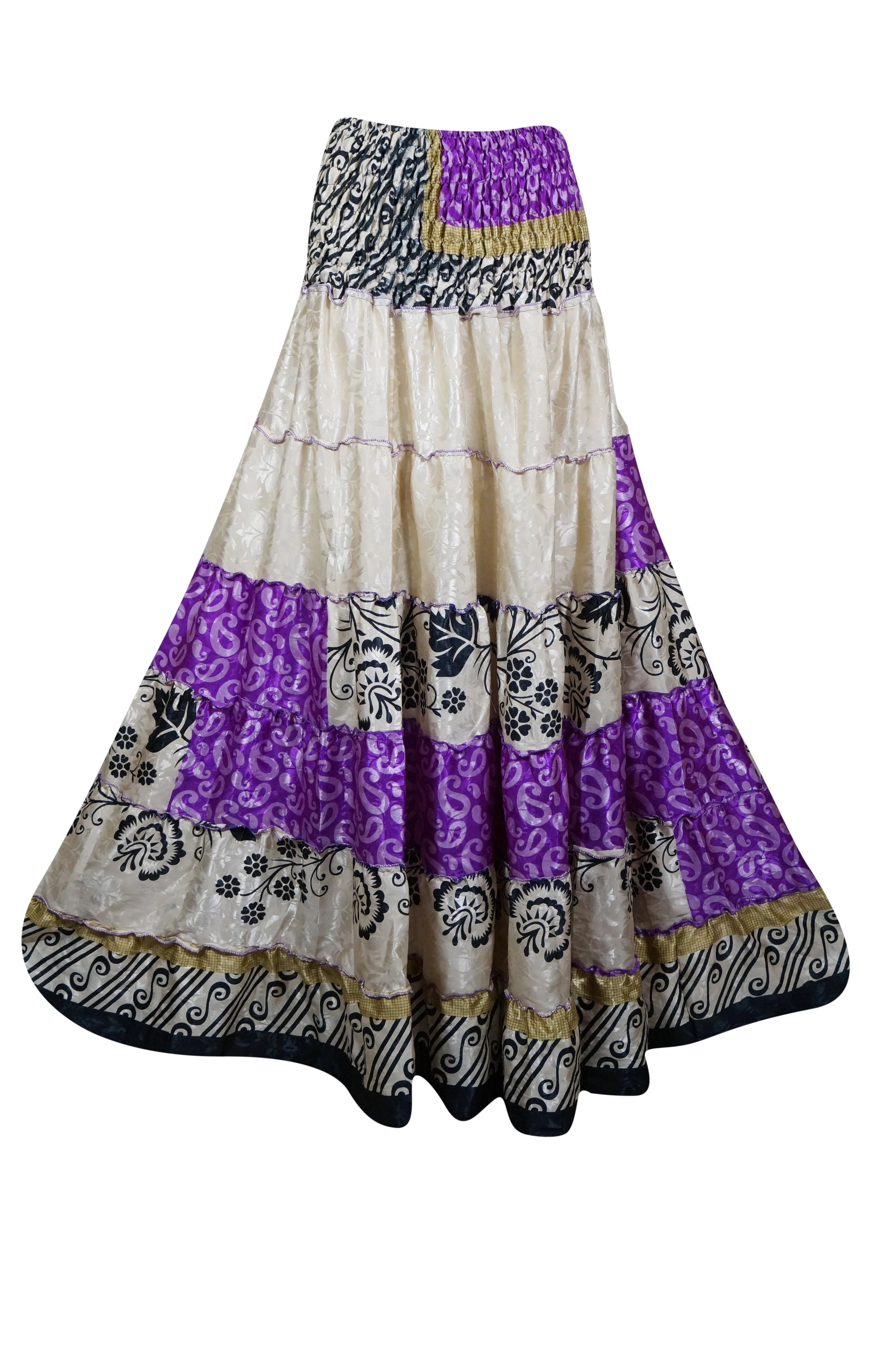 Bohemian White, Purple Floral Beach Maxi Skirt Stylish Boho Skirt Dress S/M