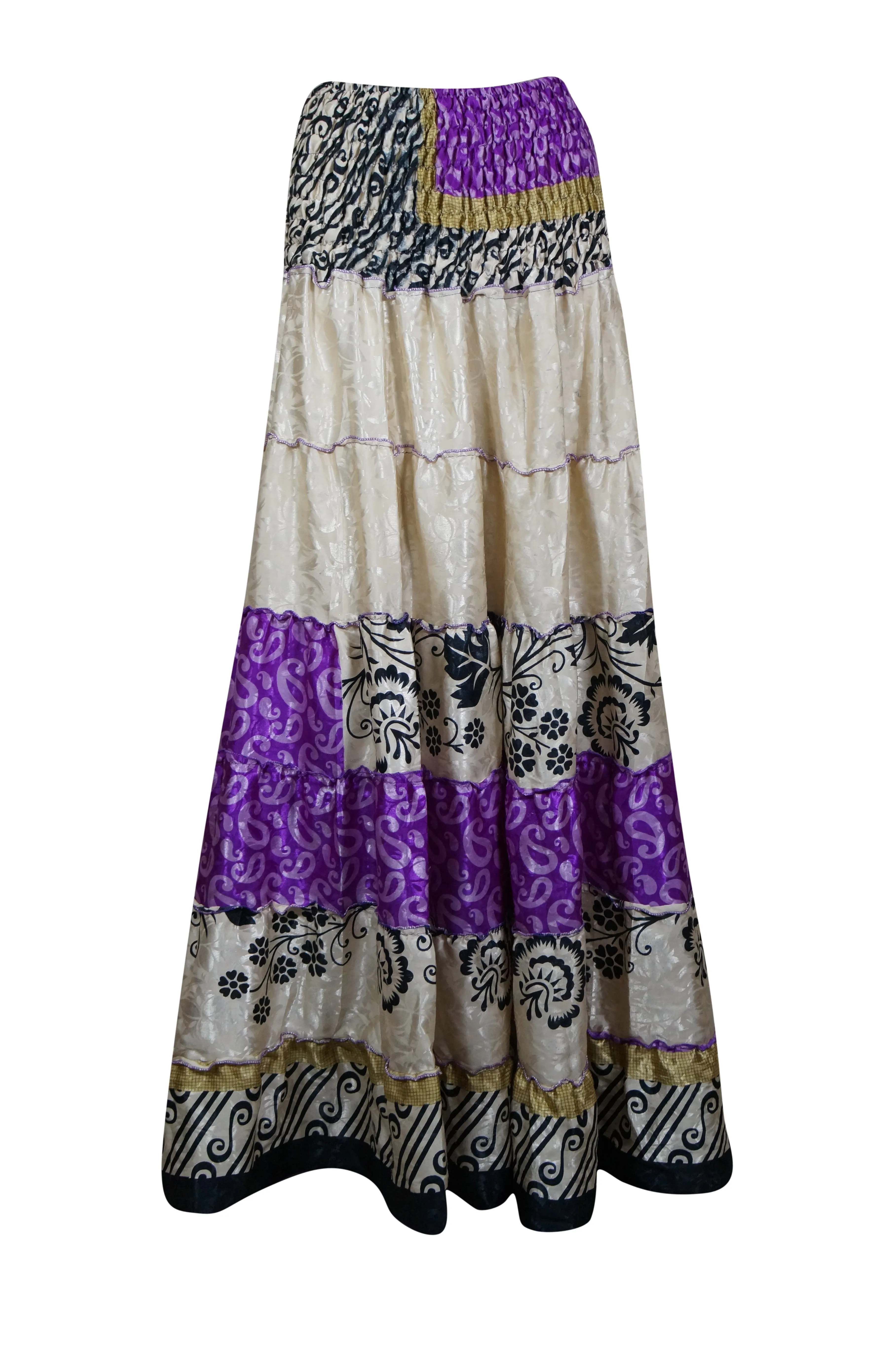 Bohemian White, Purple Floral Beach Maxi Skirt Stylish Boho Skirt Dress S/M