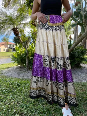 Bohemian White, Purple Floral Beach Maxi Skirt Stylish Boho Skirt Dress S/M