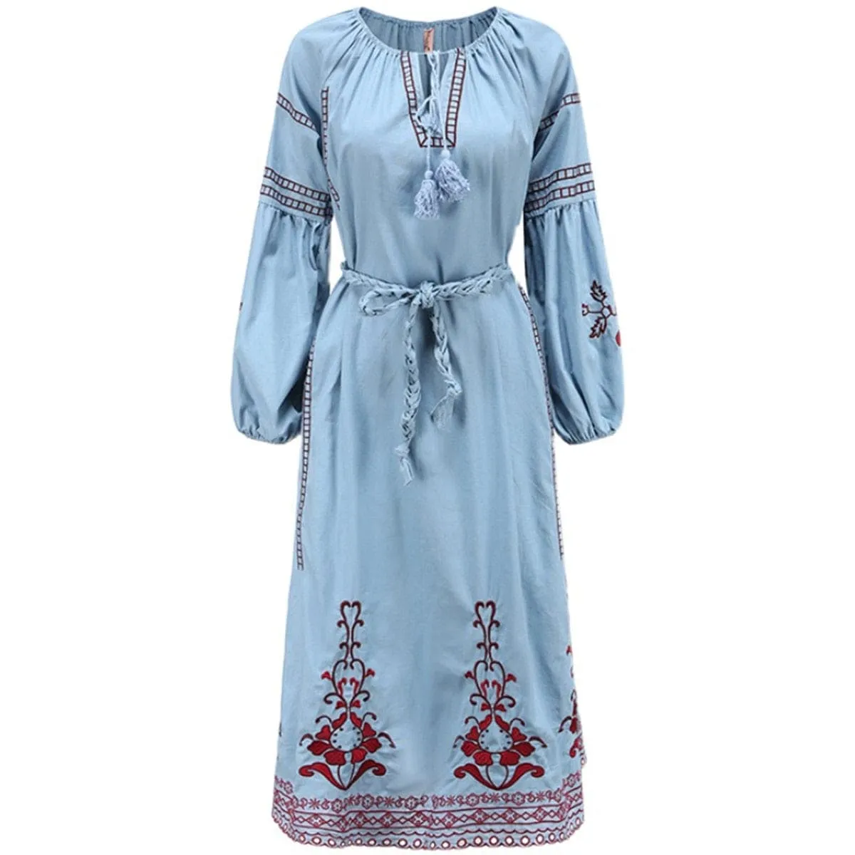 Boho Chic Blue & Red Embroidered Dress