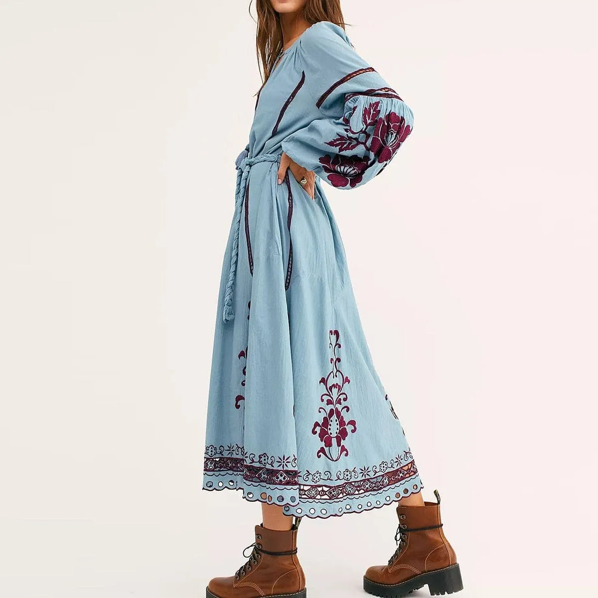 Boho Chic Blue & Red Embroidered Dress
