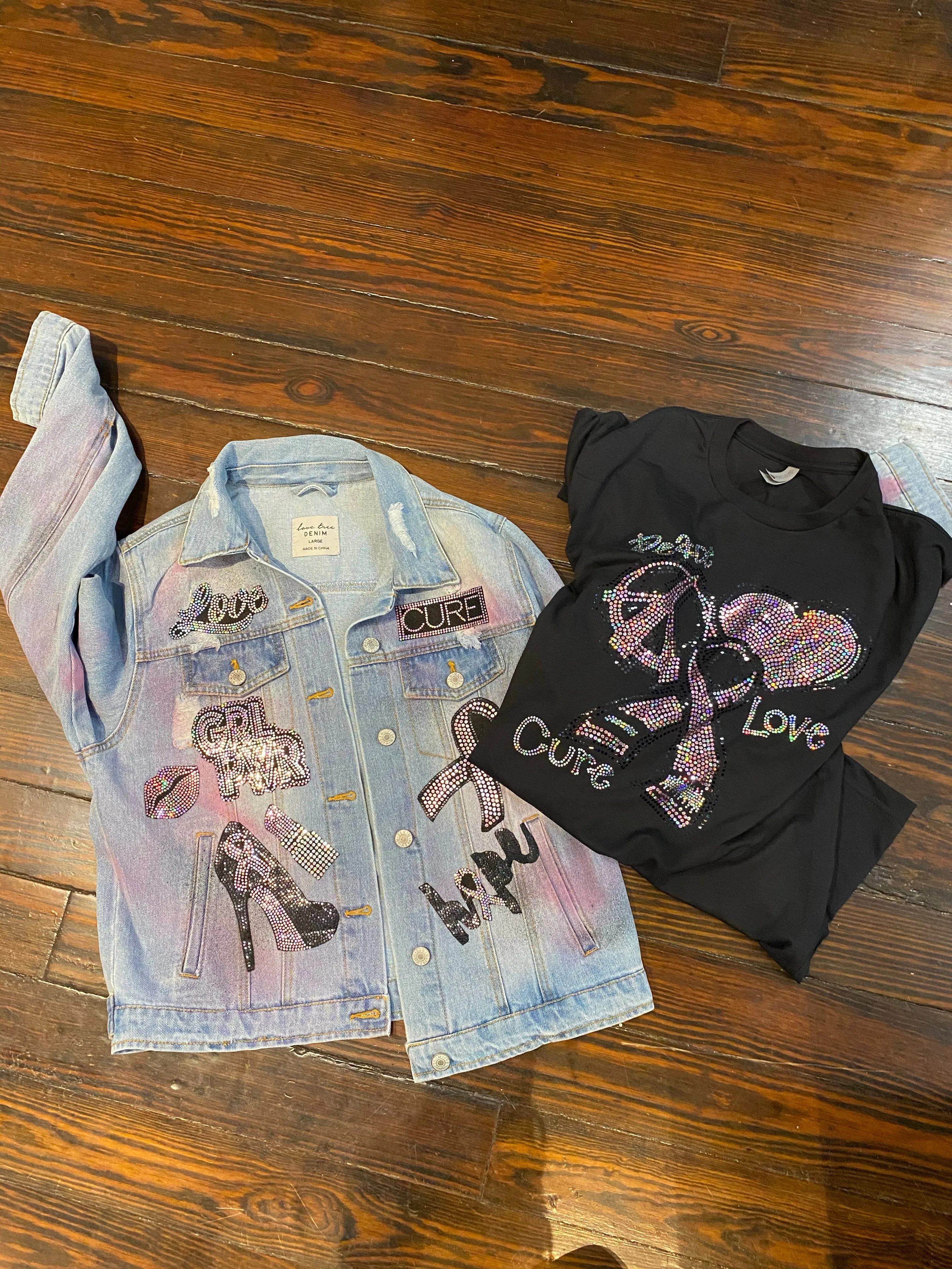 Breast Cancer Peace Love Cure DENIM  Patchwork JACKET