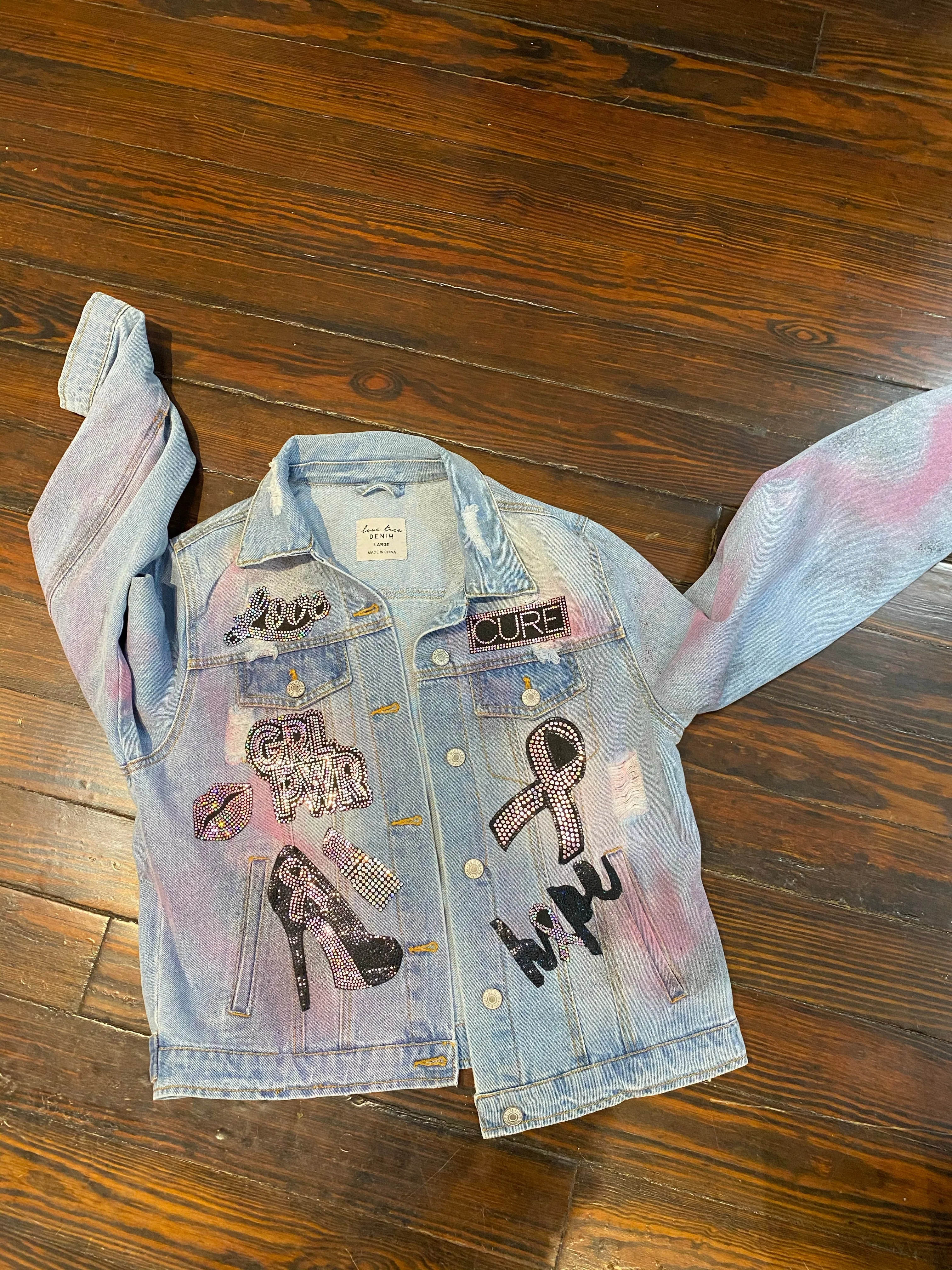 Breast Cancer Peace Love Cure DENIM  Patchwork JACKET