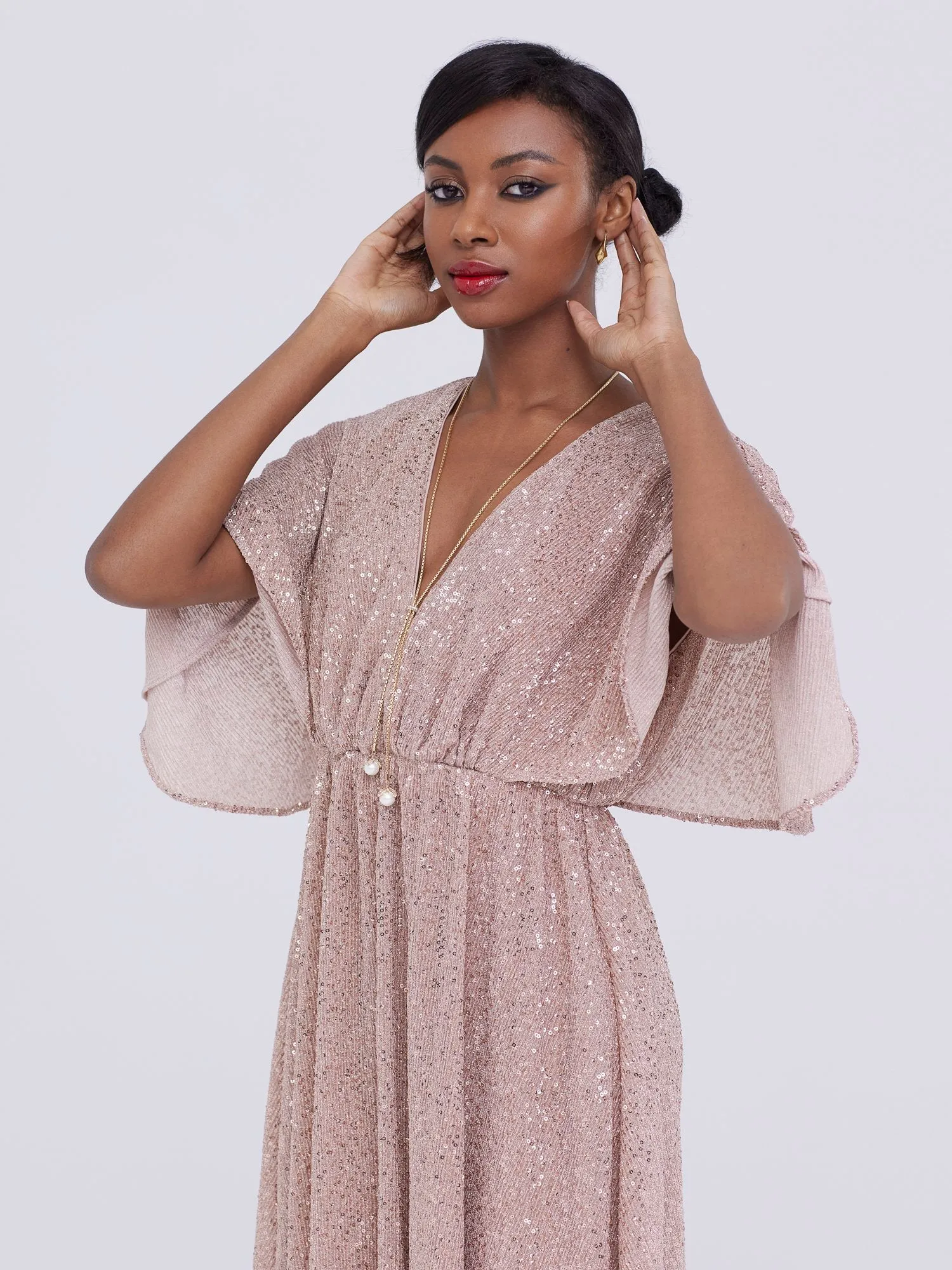 Cap-Sleeve Sequin Maxi Dress