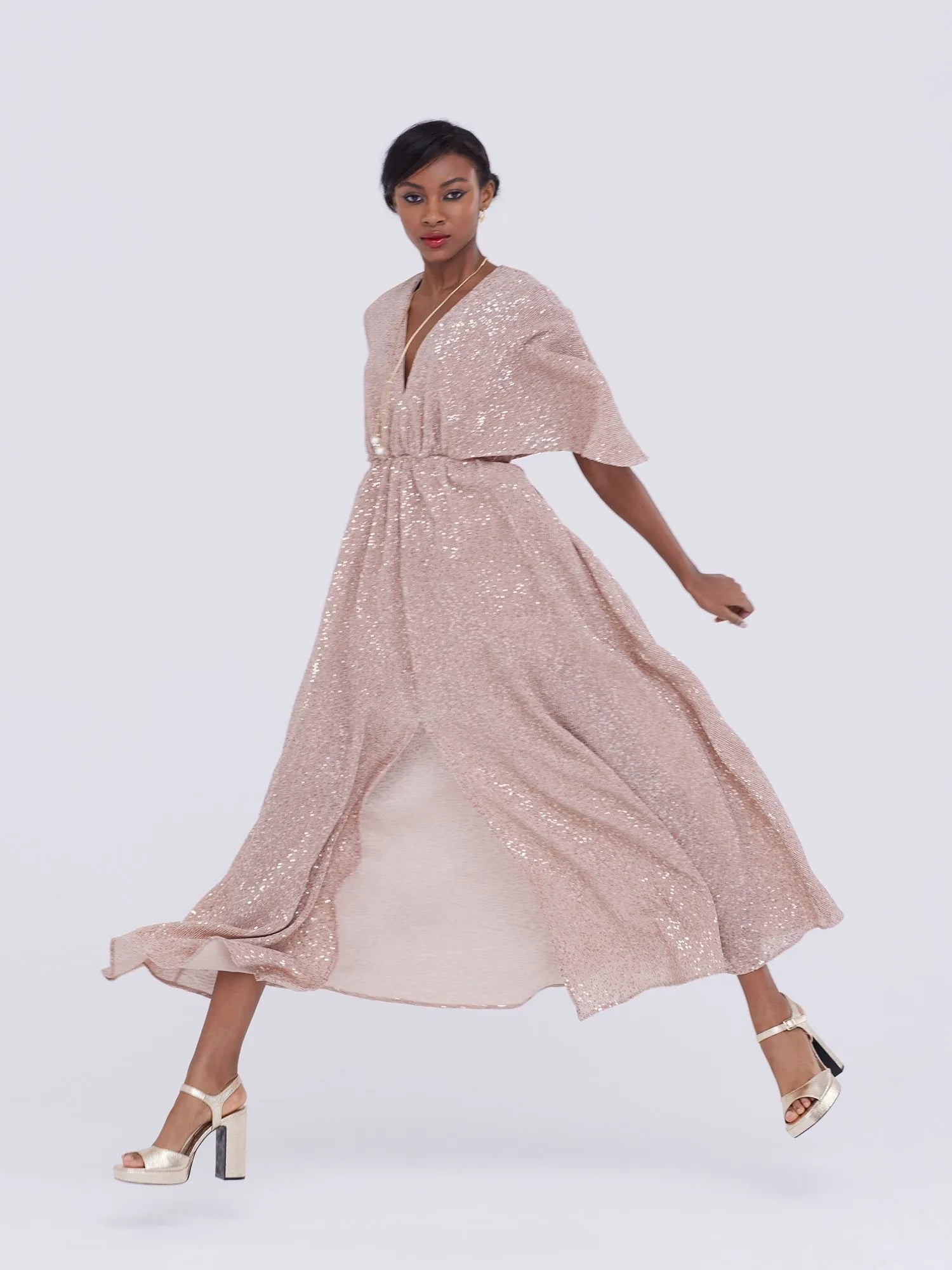 Cap-Sleeve Sequin Maxi Dress