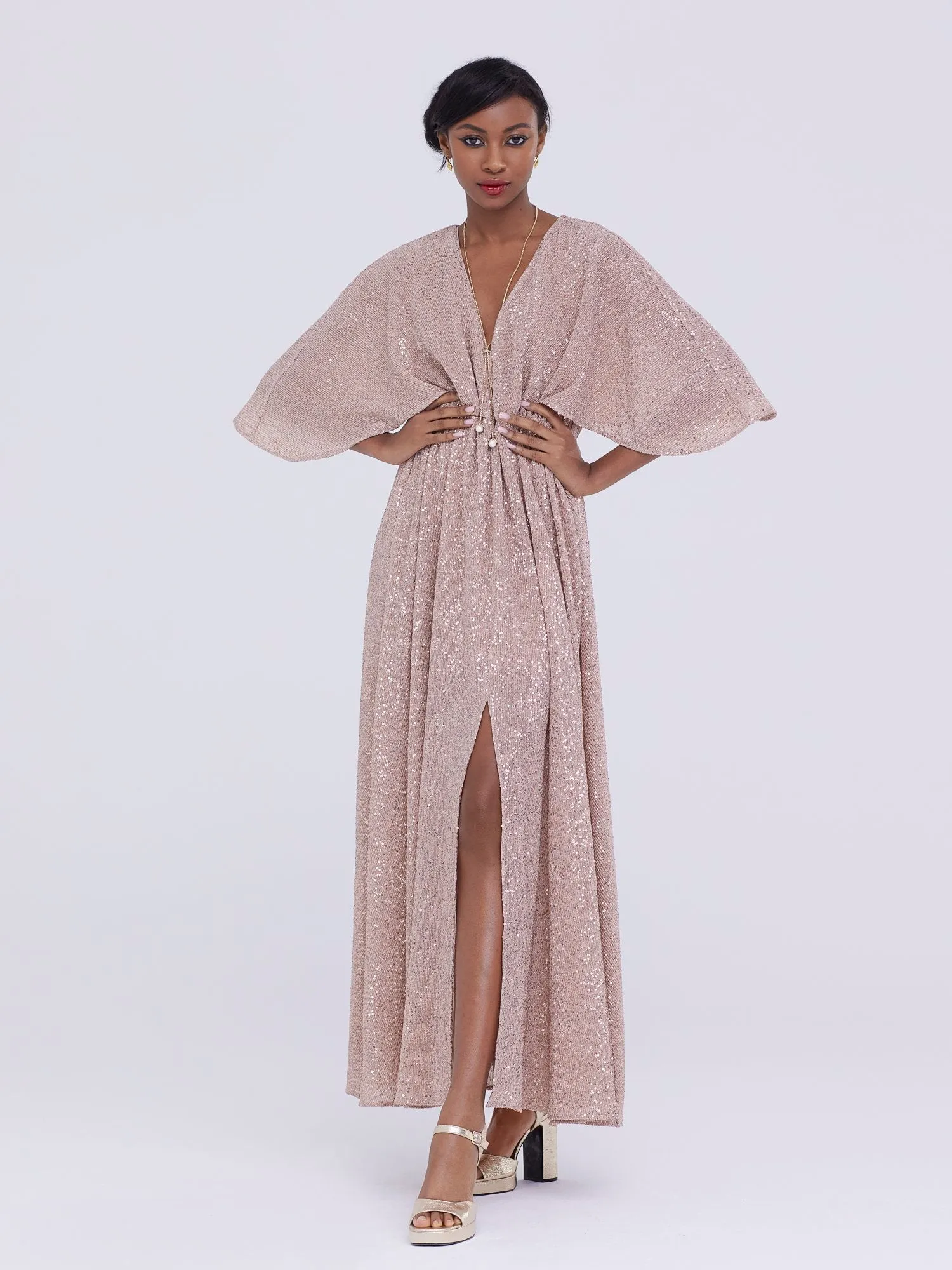 Cap-Sleeve Sequin Maxi Dress
