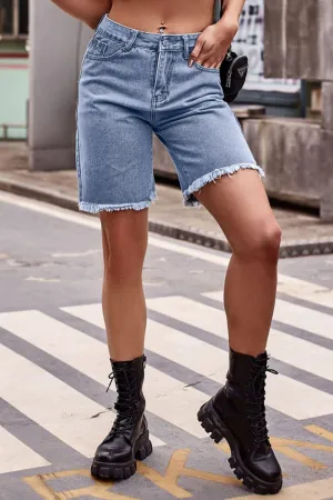 Casual Mid Rise Bermuda Raw Hem Denim Shorts