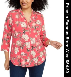 Charter Club Plus Size Floral-Print Pleated-Neck Top, 2X