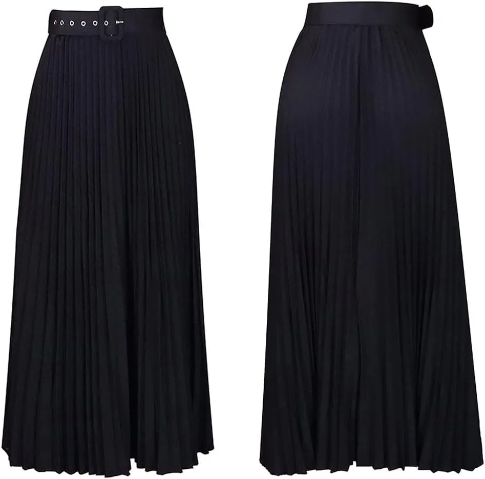 CHARTOU Women Elastic Waist Maxi Pleated Skirt Ruffle Long Skirt Club Party Flowy A Line Skirt with Belt