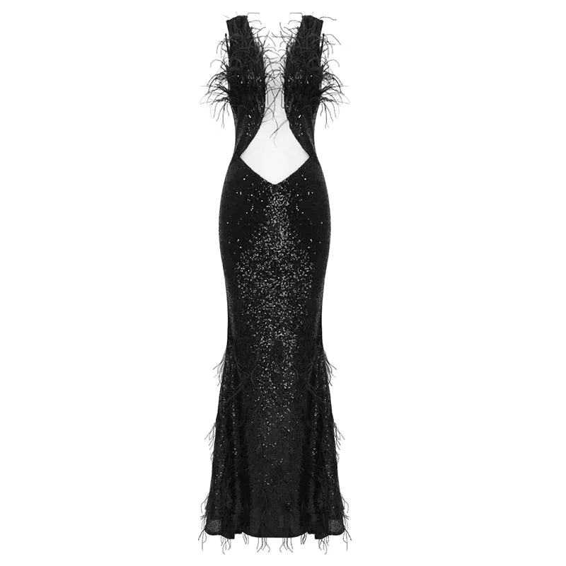 Chic Robe Maxi Feather Design Sexy Sleeveless Elegant Party Dress Vestido