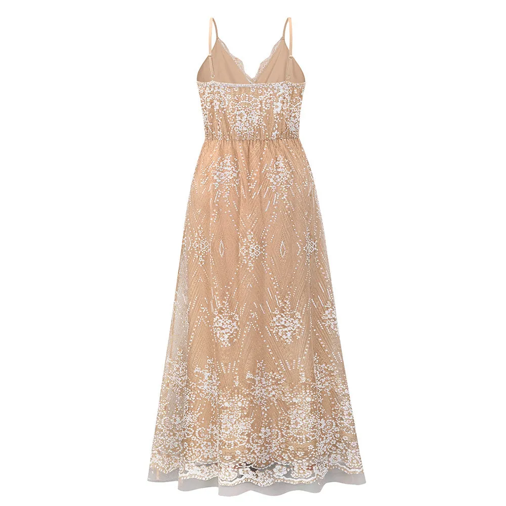 Chic Spaghetti Straps Long Lace Party Prom Dresses